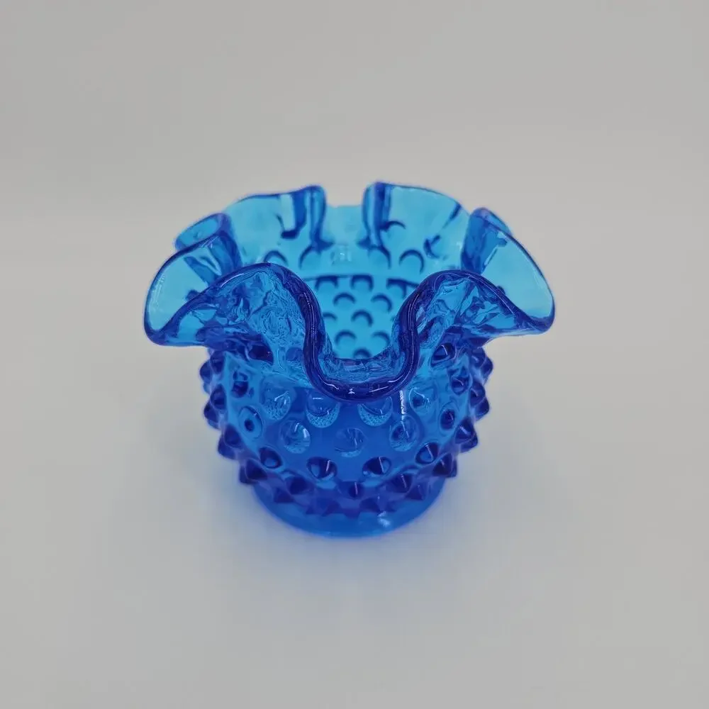 Vintage Fenton Colonial Blue Hobnail 3" Double Crimped Rim Glass Flower Vase - Picture 5 of 8